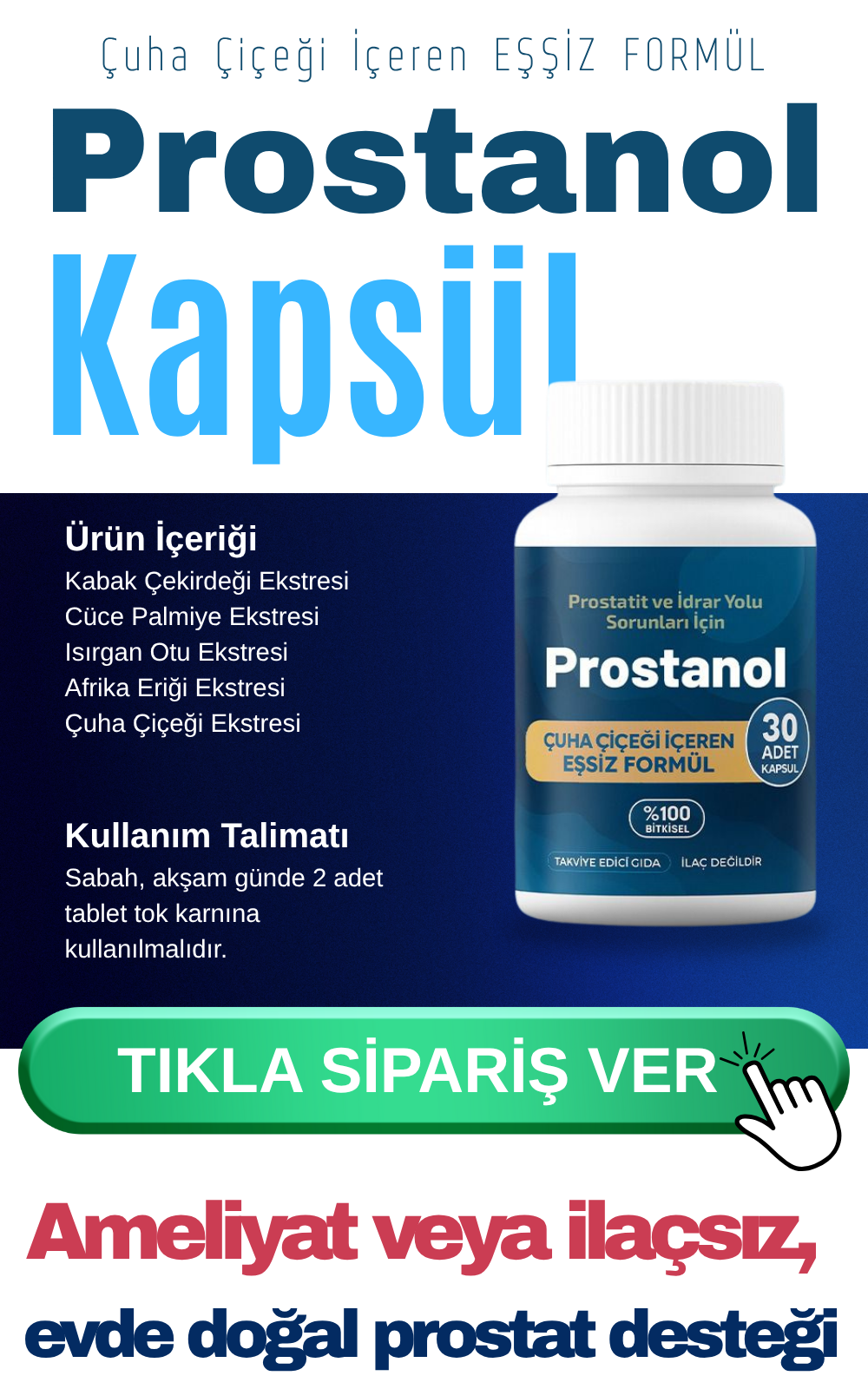Prostanol İçeriği Kabak Çekirdeği Ekstresi Cüce Palmiye Ekstresi Isırgan Otu Ekstresi Afrika Eriği Ekstresi Çuha Çiçeği Ekstresi Kullanım Talimatı Sabah, akşam günde 2 adet tablet tok karnına kullanılmalıdır.